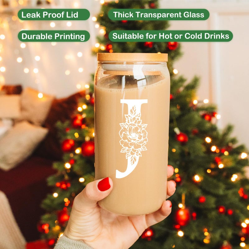 Coolife Initial Glass Cup, Monogrammed Gifts for Women, 16 oz Glass Cups w/Lids Straws, Iced Coffee Smoothie Beer Tumbler w/Straw Lid - Personalized Christmas, Birthday Gifts for Her Mom Friend Woman - Image 2